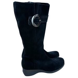 La Canadienne Black Knee High Suede Buckle Accent Side Zip Wedge Boot Sz 8M EUC